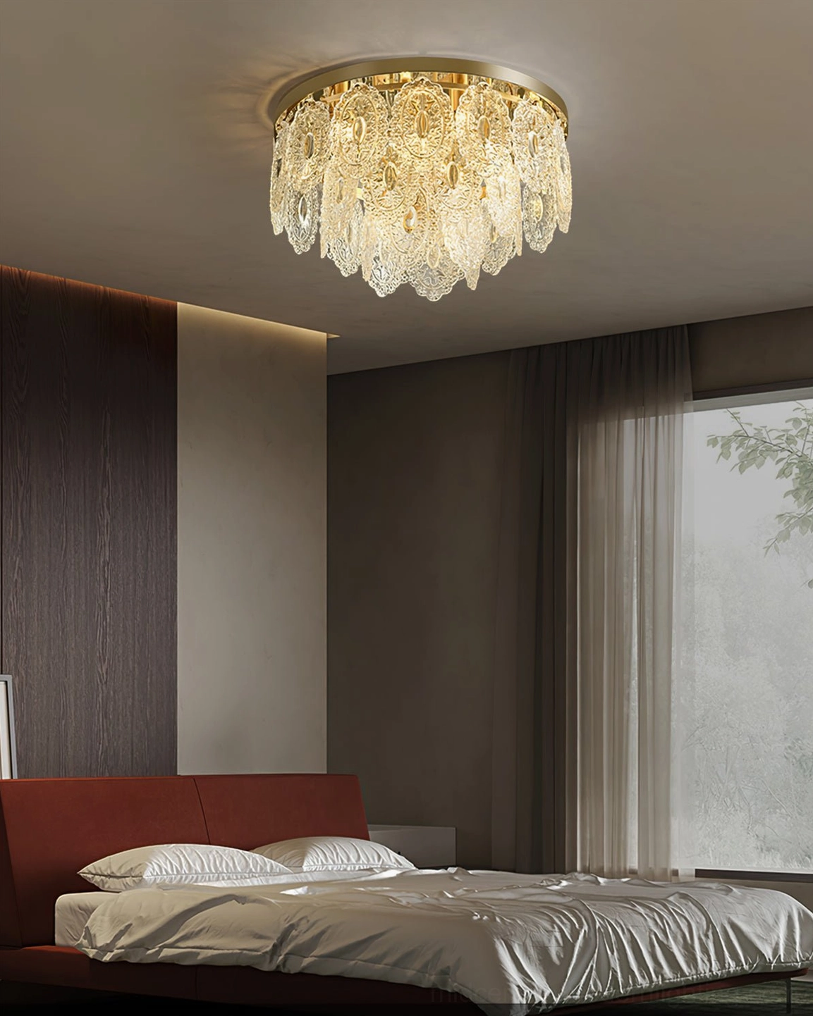 Warm glowing Trillion ceiling lamp in modern bedroom with red upholstered bed and sophisticated crystal detailing