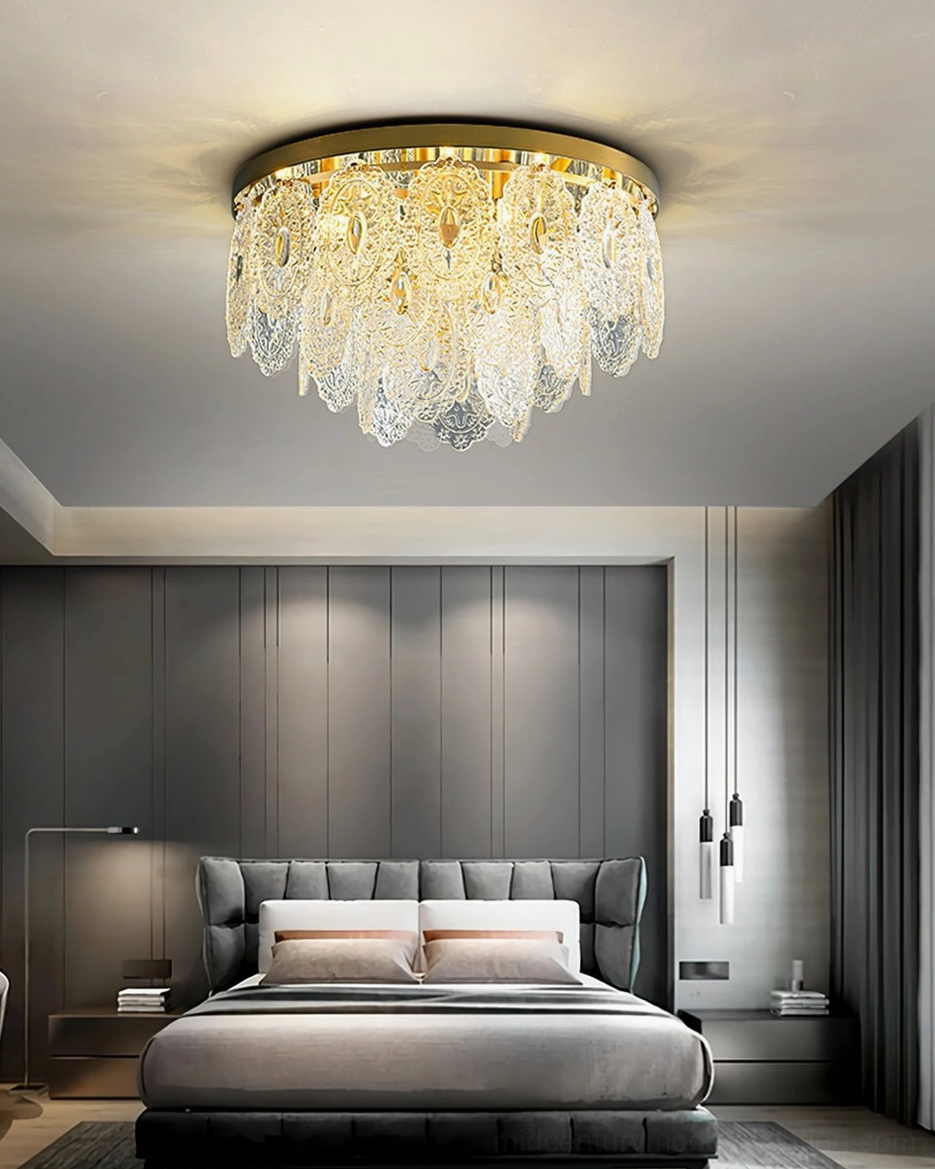 Trillion mid-century modern ceiling lamp with geometric brass frame and textured crystal design elements