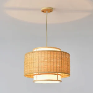 Trinidad bamboo rattan pendant light three-quarter angle view showing layered weave construction