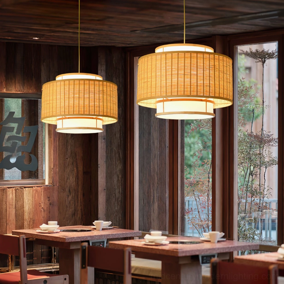 Pair of Trinidad two-tier rattan pendant lamps in traditional Japanese wooden restaurant setting