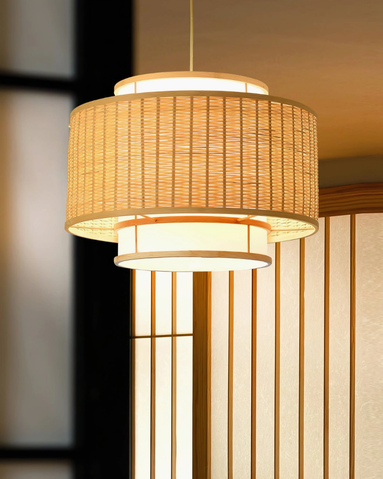 Trinidad low-angle side view showing natural tan rattan shade with white inner diffuser