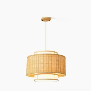 Trinidad two-tier rattan pendant lamp with natural bamboo weave and white diffuser, frontal studio view