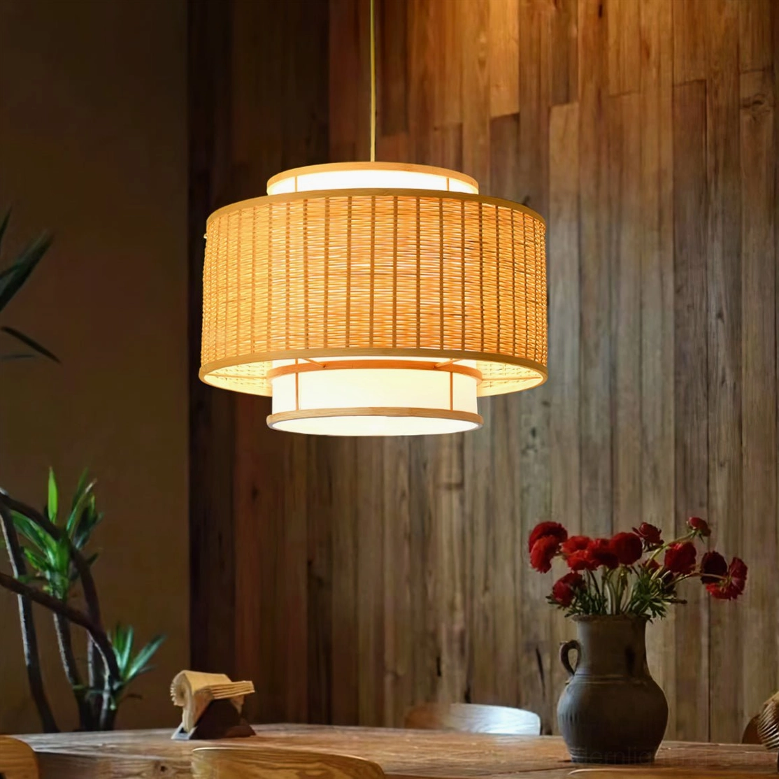 Trinidad rattan pendant lamp overhead view in rustic wooden dining space with warm ambient lighting