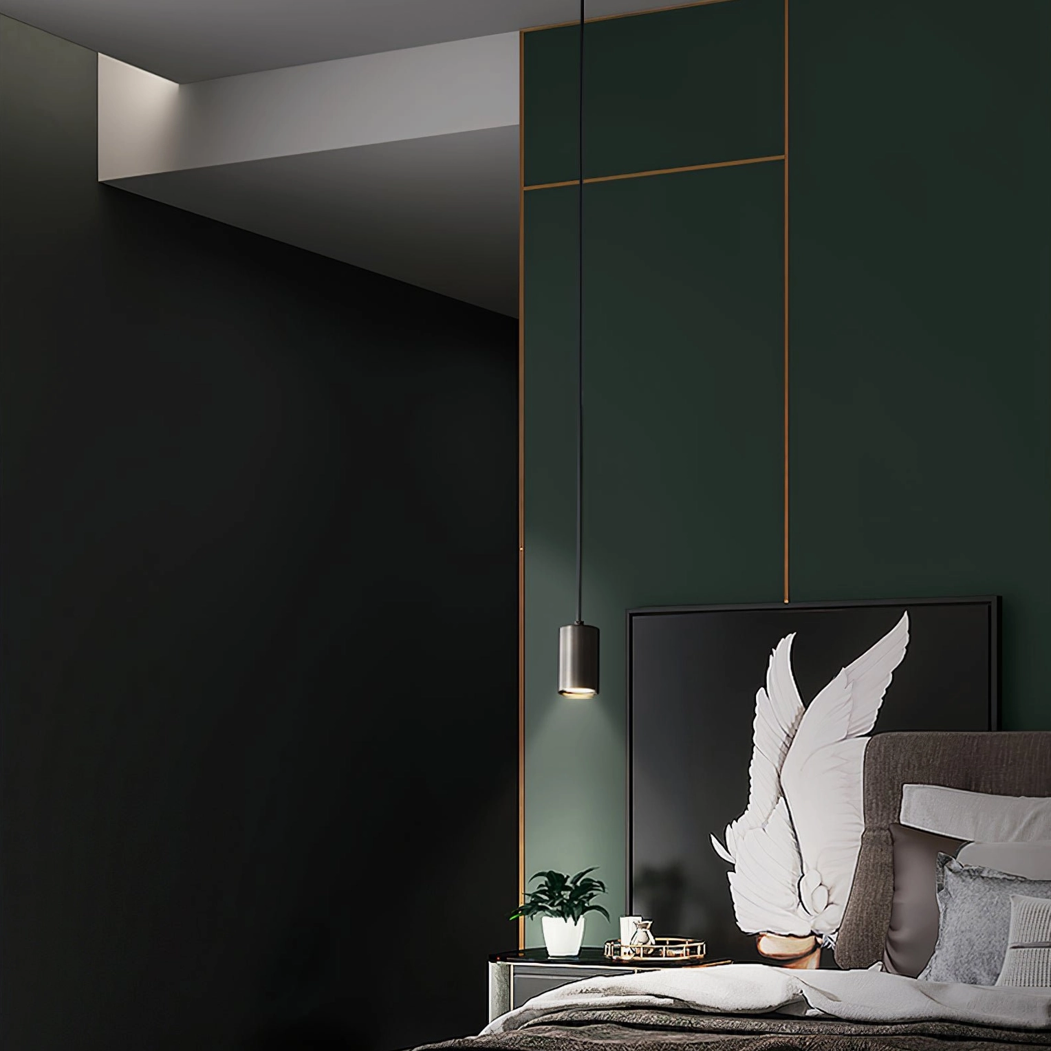 Matte black trio pendant lamp in modern dark green accent bedroom - contemporary luxury interior