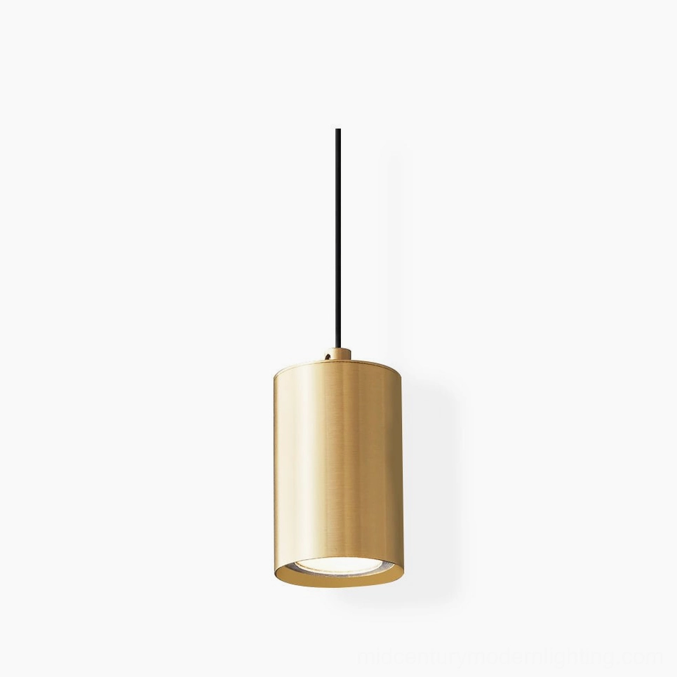 Brushed brass cylindrical trio pendant lamp front view on white background - minimalist modern design