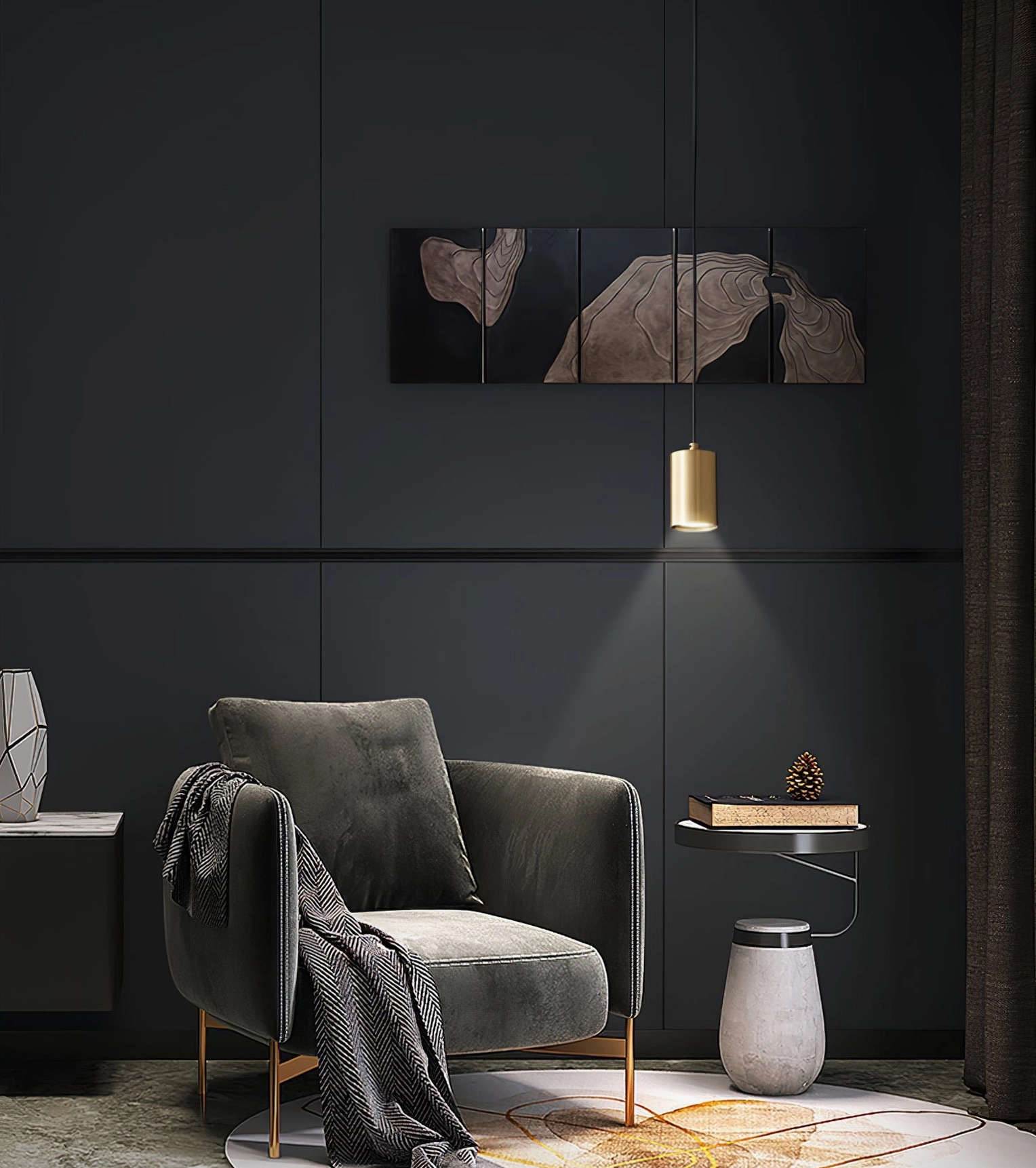Trio brass pendant light fixture in luxury lounge interior - sophisticated ambient lighting design