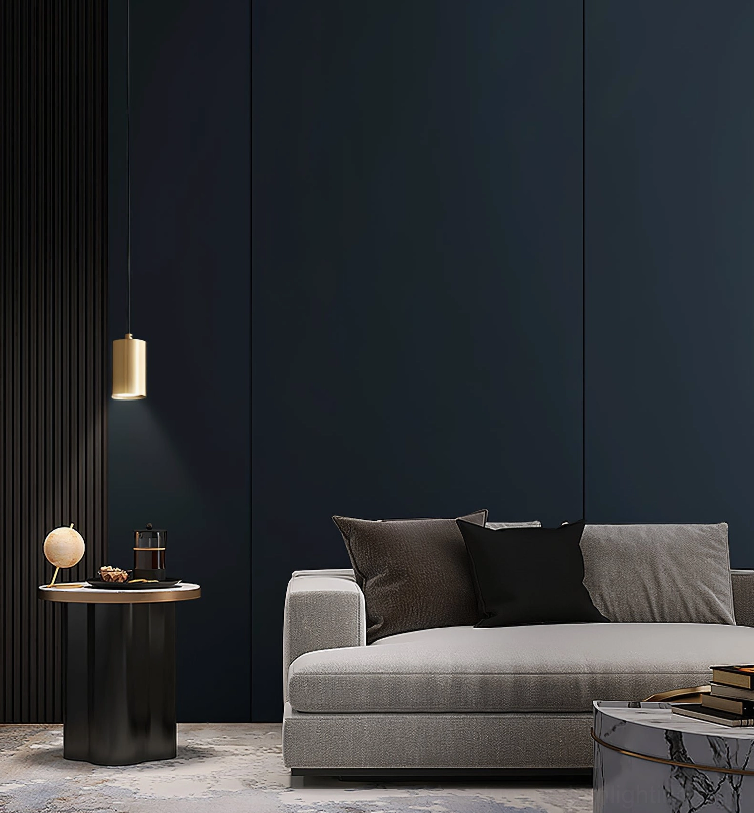 Brushed brass trio pendant hanging in minimalist modern living room - cozy neutral interior