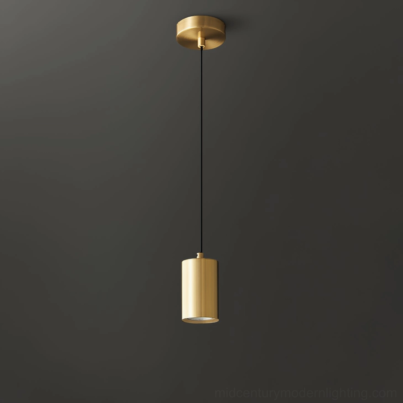 Trio pendant lamp brushed brass cylindrical shape with gold ceiling canopy - side profile studio view