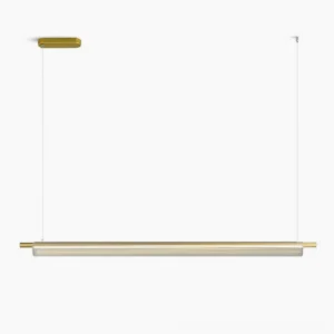 Trisel linear LED pendant light in brushed gold finish, minimalist design with ribbed glass diffuser, front view on white background