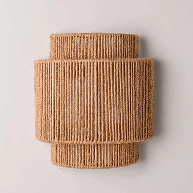 Tristan rope wall sconce in natural brown finish, complete sculptural view of tiered design