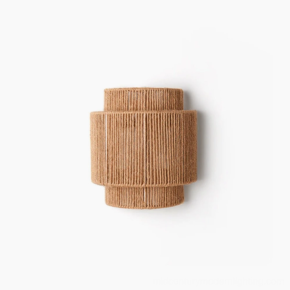 Tristan handcrafted tiered rope wall sconce with natural jute texture, bohemian lighting fixture front view
