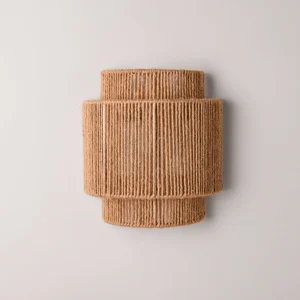 Two-tiered natural rope wall sconce with layered cylindrical design, elevated frontal perspective