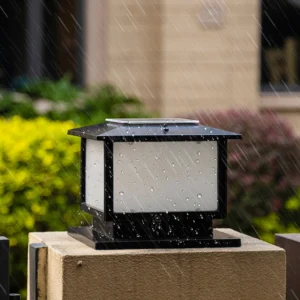 Triton outdoor pillar lamp with water droplets showing IP65 waterproof rating in rain