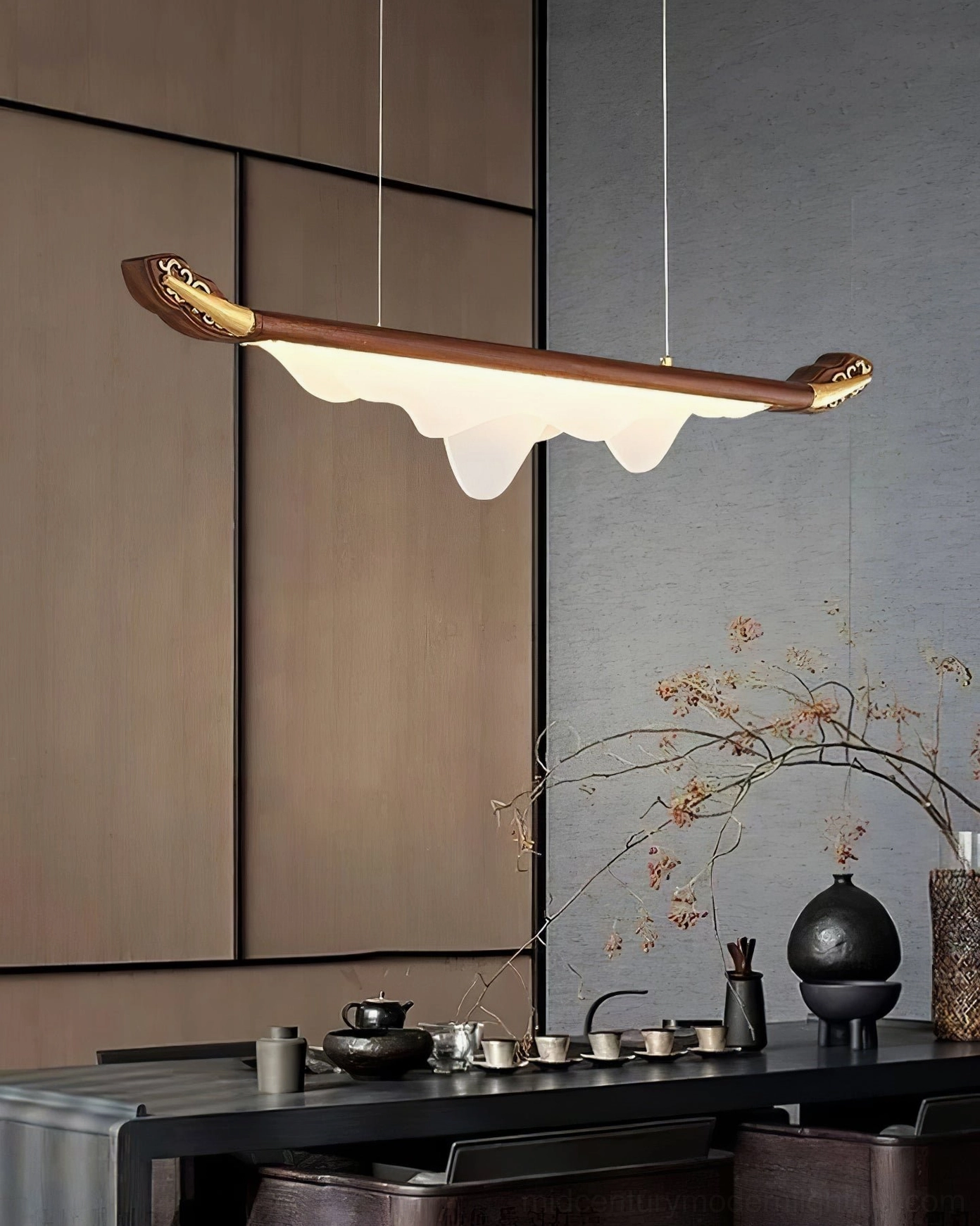 Troag ceiling pendant light showing acrylic diffuser quality and warm LED illumination