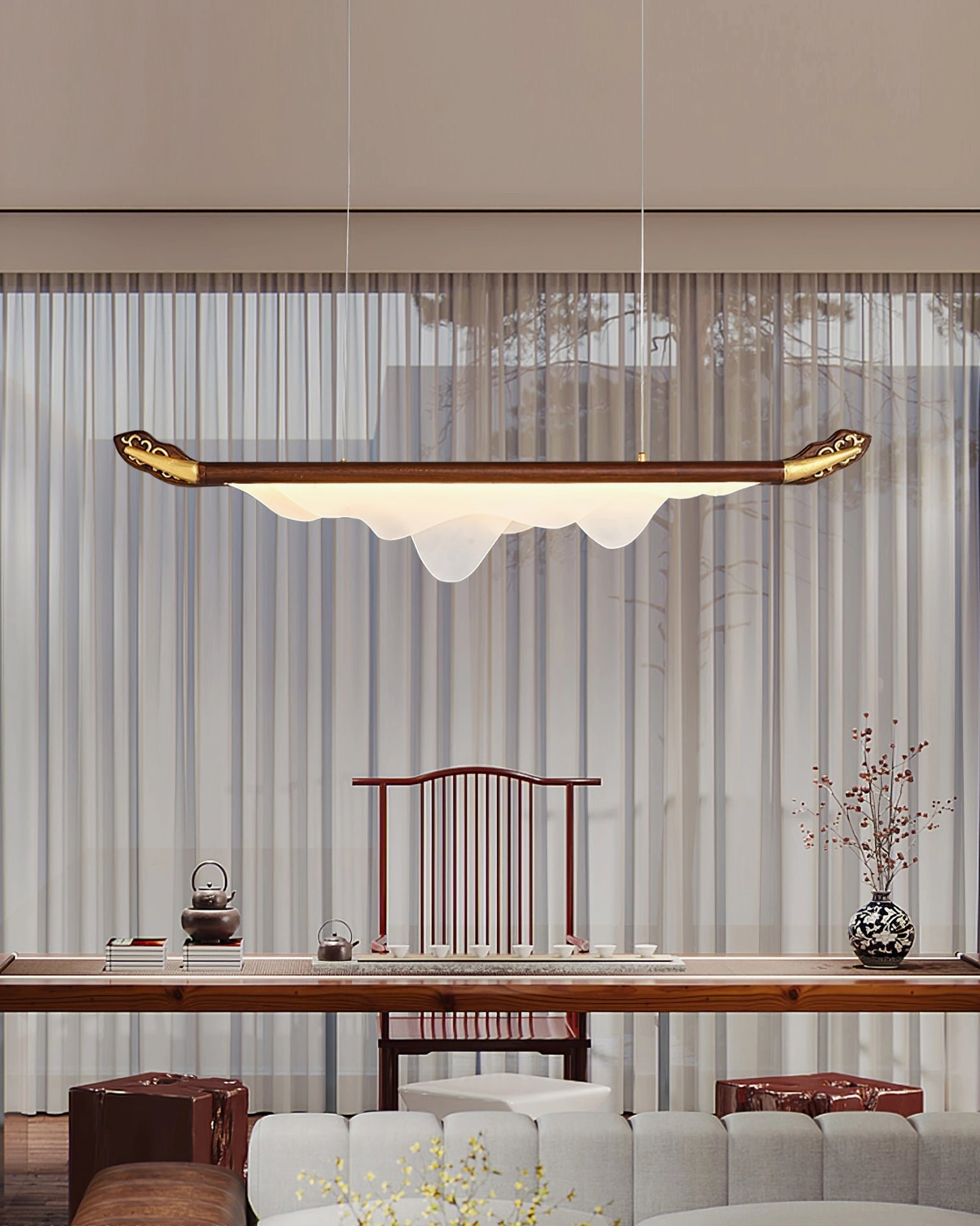 Troag linear pendant light in overhead view of Chinese-style living dining space with vertical blinds