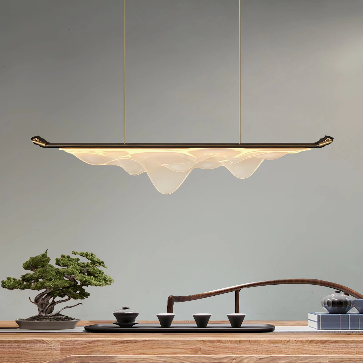 Troag linear ceiling fixture in minimalist tea display room with bonsai and zen table setting