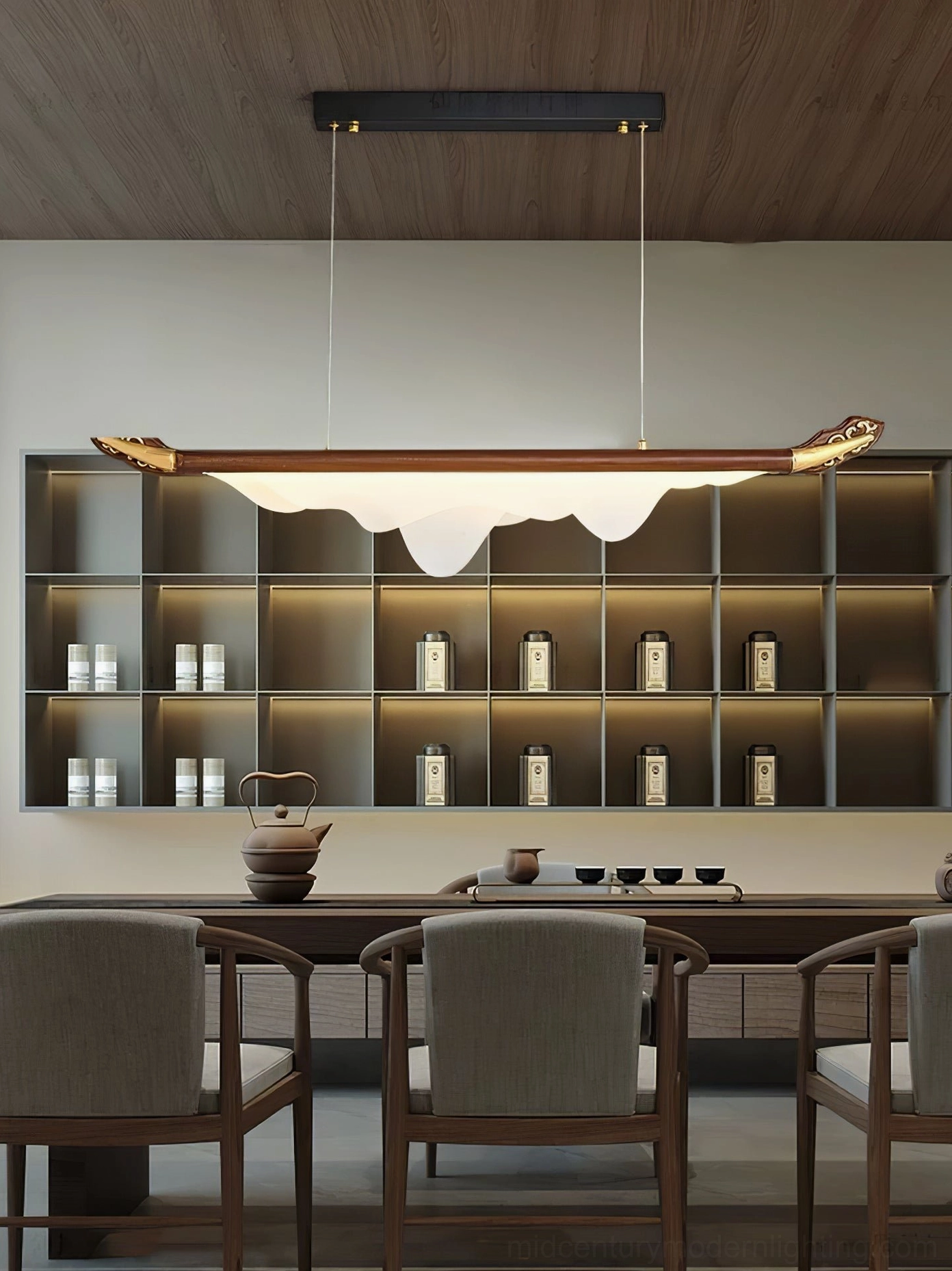 Troag linear walnut pendant chandelier architectural detail, mid-century modern design element