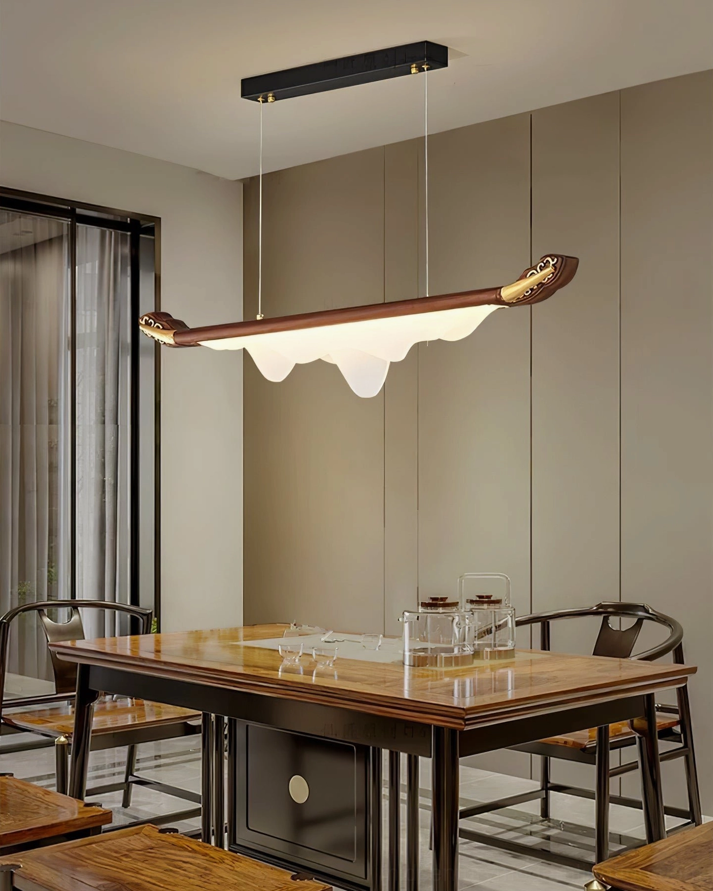 Troag modern linear pendant light suspension system, walnut frame and LED integration