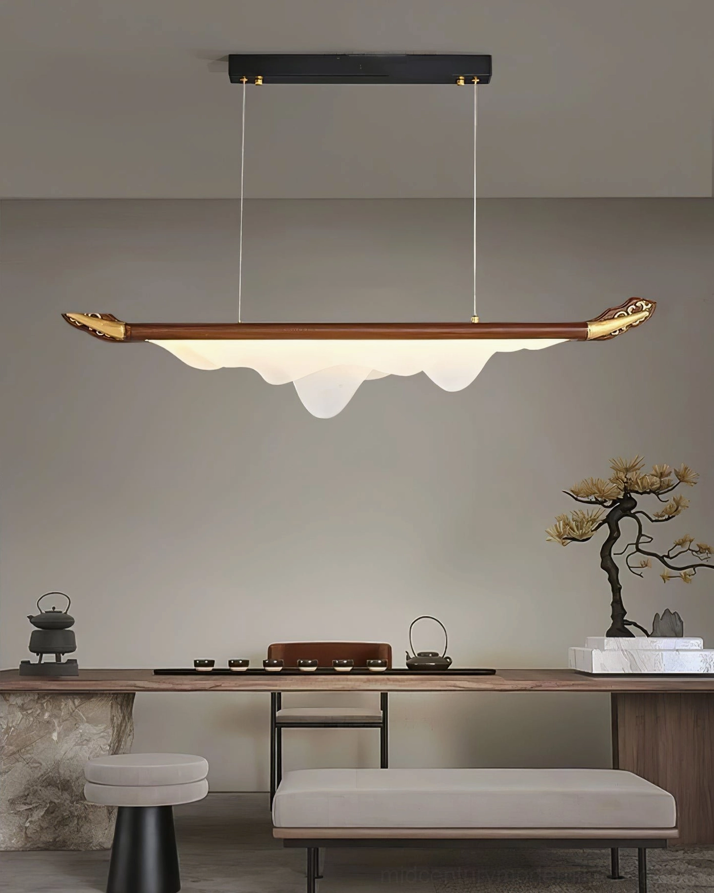 Troag walnut pendant light fixture details, frosted acrylic mountain silhouette shade