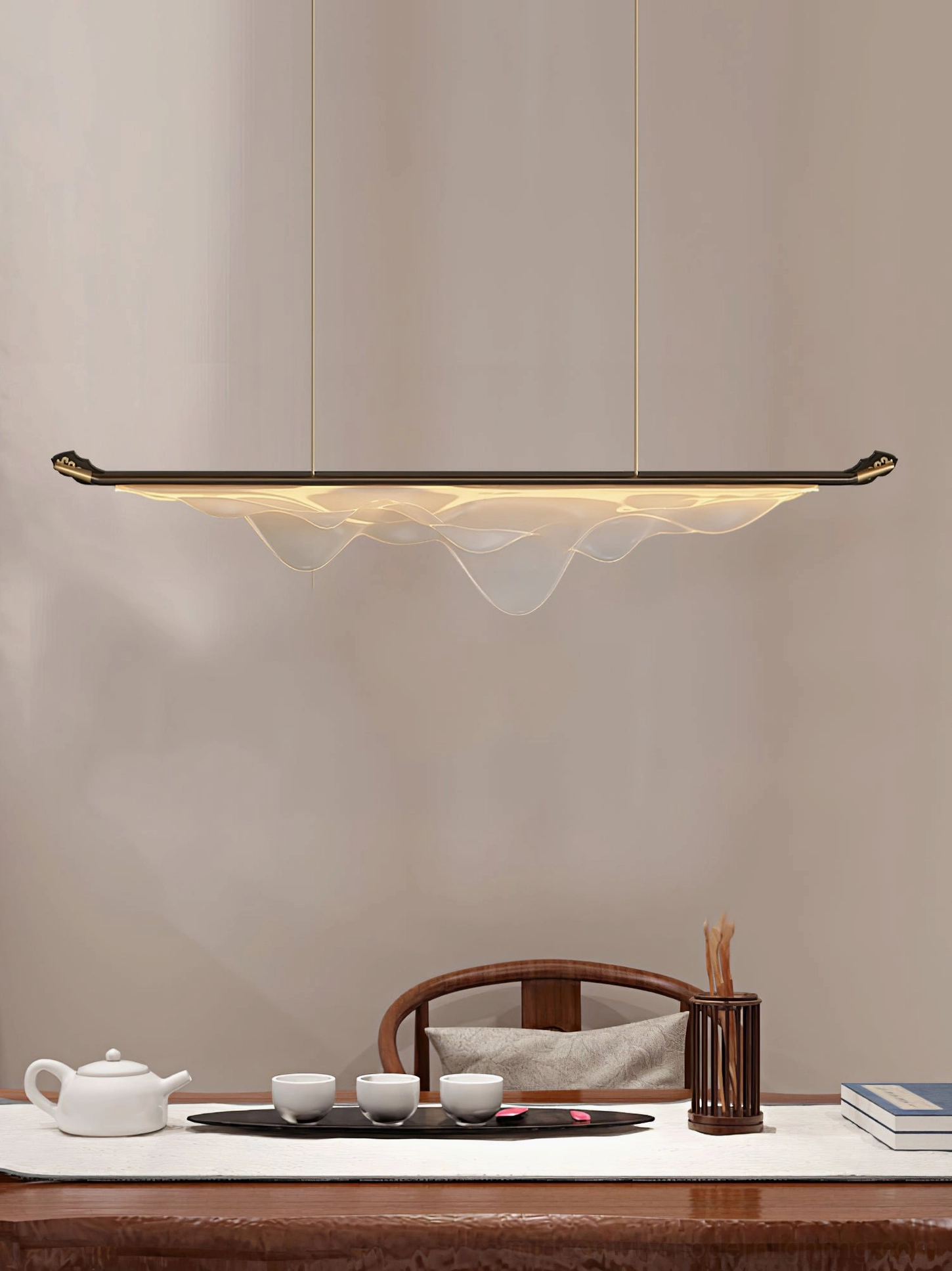 Troag walnut pendant light fixture composition, showing full proportions and design