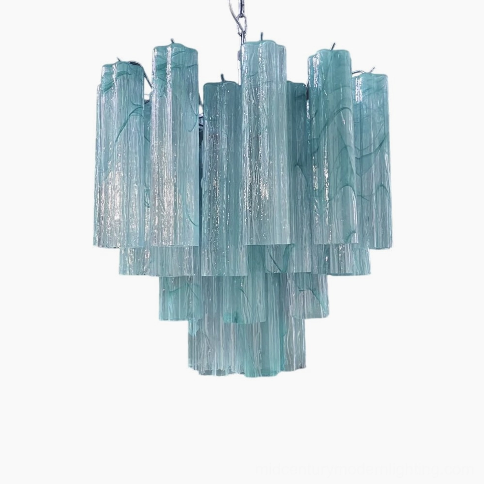 Tronchi blue glass chandelier with silver metal accents, modern pendant light fixture display