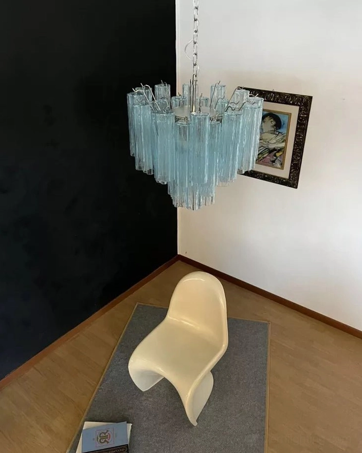 Tronchi modern cascade chandelier with layered glass tubes, premium mid-century design lighting fixture detail shot