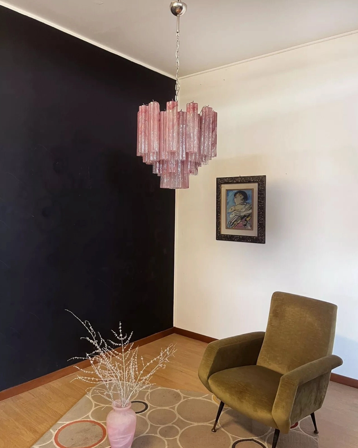 Tronchi chandelier featuring marbled frosted glass cylinders arranged in artistic tiered formation