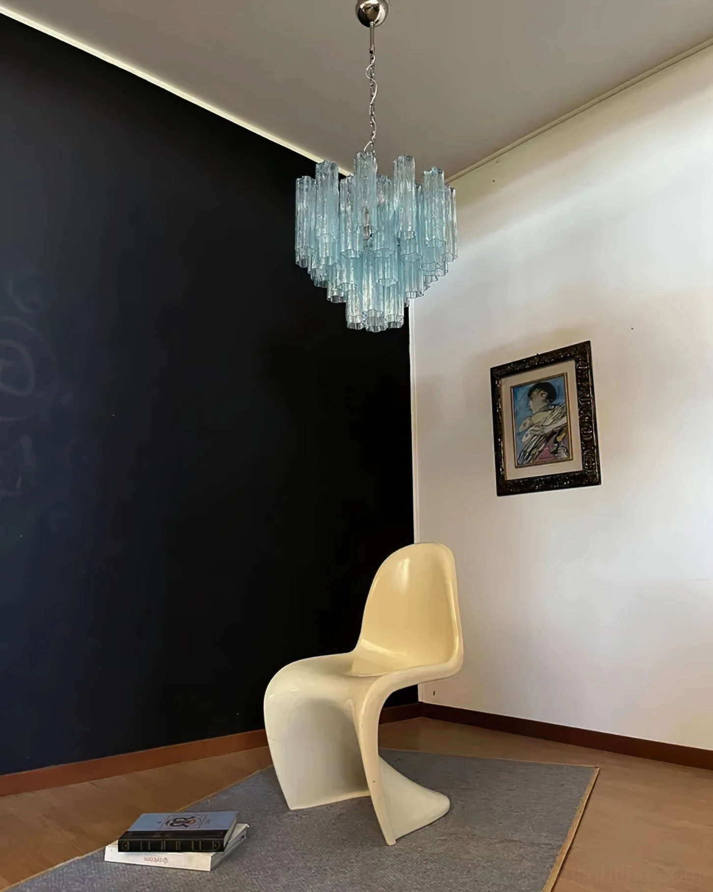Murano-inspired glass chandelier with multiple suspension points, elegant modern lighting fixture full view