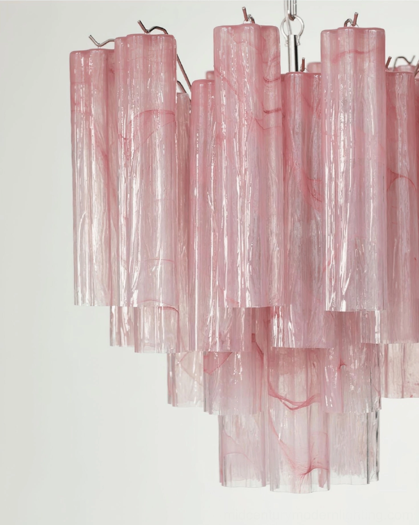 Tronchi chandelier with pink marbled glass shades and silver metal mounts in white studio lighting, unlit frontal view