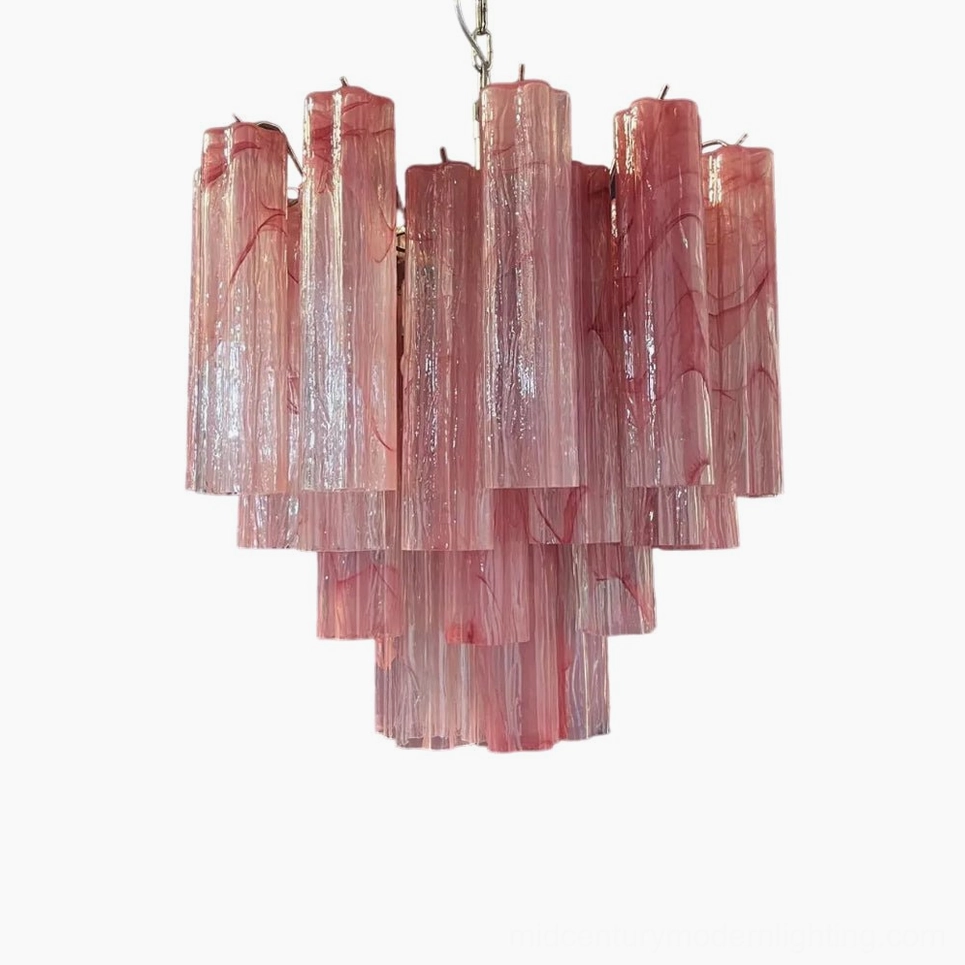 Tronchi pink marbled glass chandelier with elegant silver metal framework and tiered glass tubes