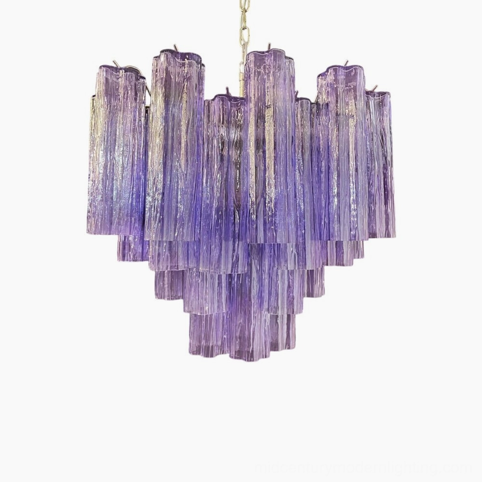 Purple Murano-inspired glass chandelier with nickel fixtures and cascading tube arrangement