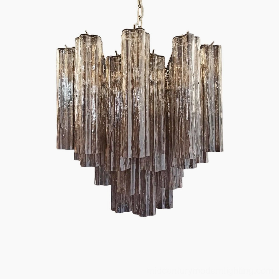 Smoke gray marbled glass chandelier with polished nickel metalwork and contemporary minimal aesthetic