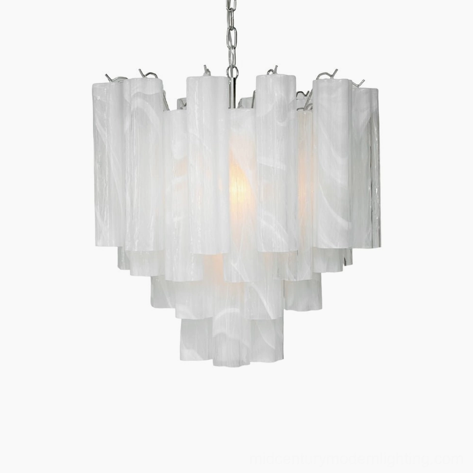 White frosted glass Tronchi chandelier with seven E14 bulb sockets in minimalist modern design