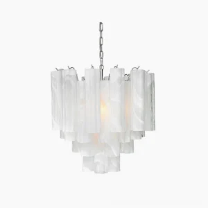 Tronchi cascading glass tube chandelier with white marbled glass and silver metal fixtures, frontal view on white studio background