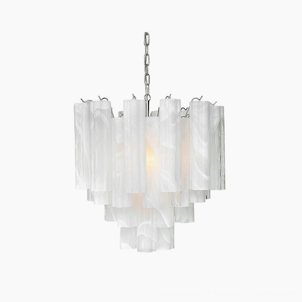 Tronchi cascading glass tube chandelier with white marbled glass and silver metal fixtures, frontal view on white studio background