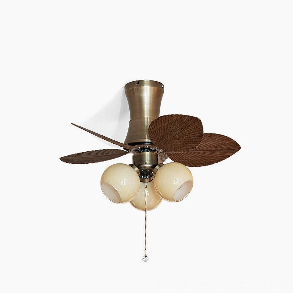 Tropical ceiling fan light with bronze metal frame and palm-shaped fan blades, direct front view on white background