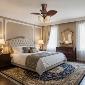 Tropical Luxe ceiling fan light installed in luxury master bedroom with tufted upholstered headboard, warm neutral tones, and traditional American interior style