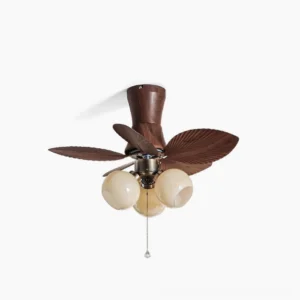 Tropical Luxe ceiling fan light with pleated globe shades, dark brown wooden blades, and milky white lampshades showcasing contemporary coastal design