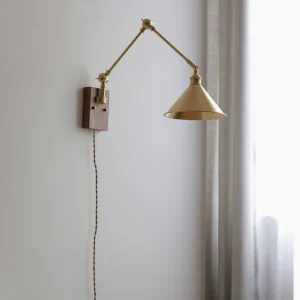 Troy Swing Arm plug-in wall lamp positioned against sheer curtain, side angle showing adjustable arm and dome shade