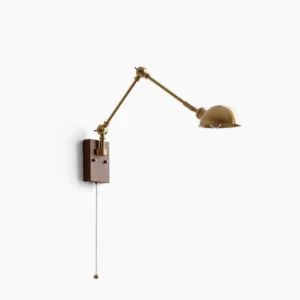 Troy Swing Arm Wall Lamp brass and walnut front view flat lay mid-century modern design