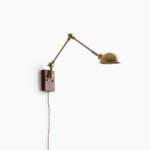 Troy Swing Arm Wall Lamp in brass and walnut, front view with conical dome shade on white background