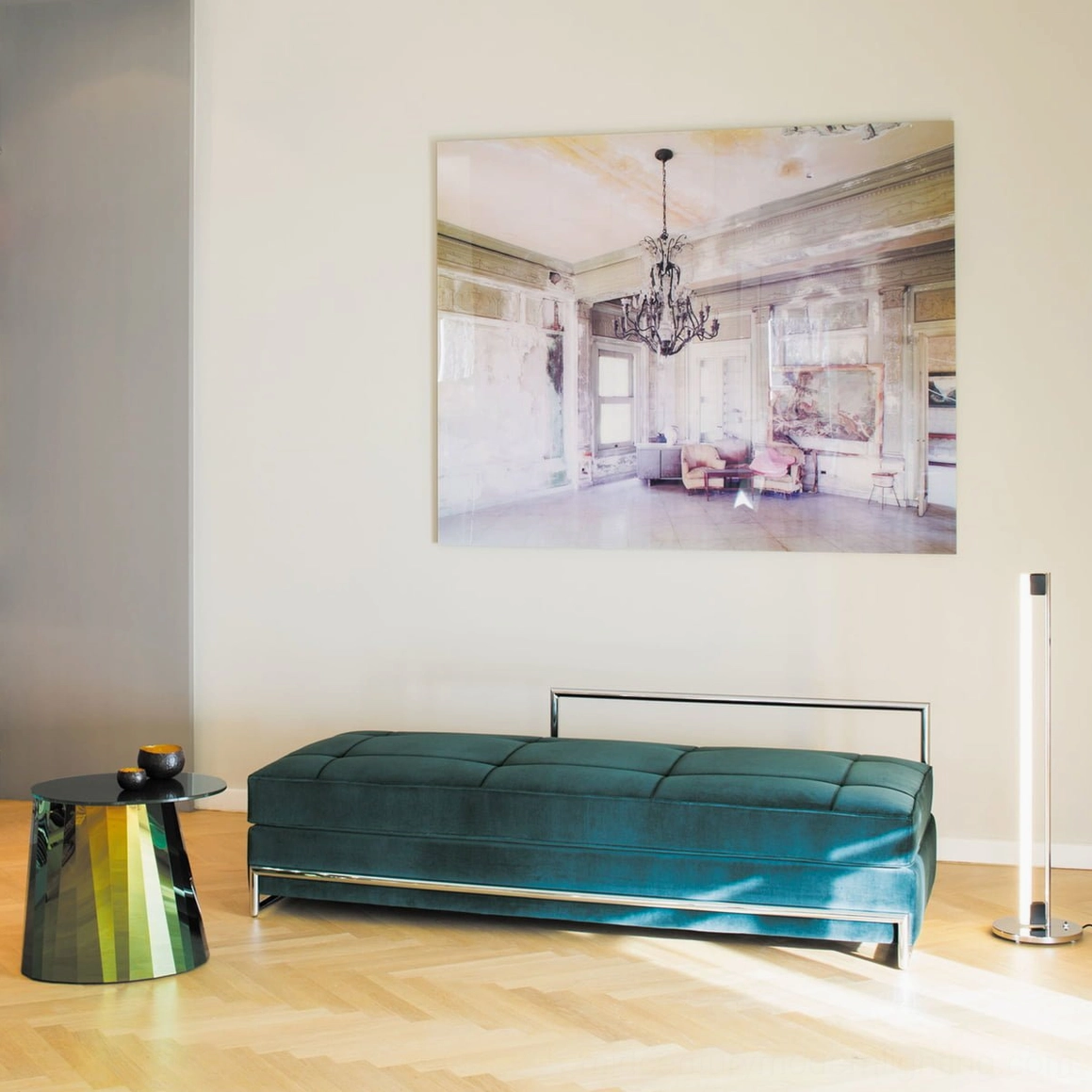 Minimalist tube LED floor lamp detailed product shot highlighting chrome finish and acrylic tube diffuser