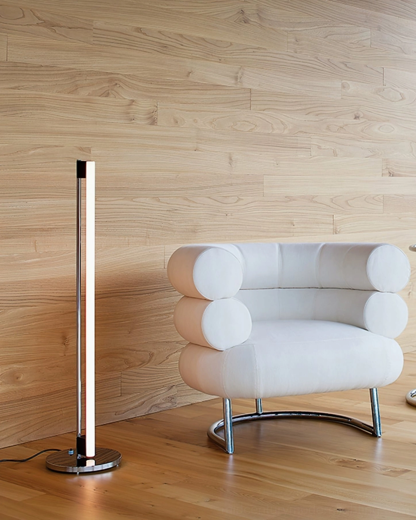Tube LED floor lamp foot switch control detail showing intuitive on-off functionality