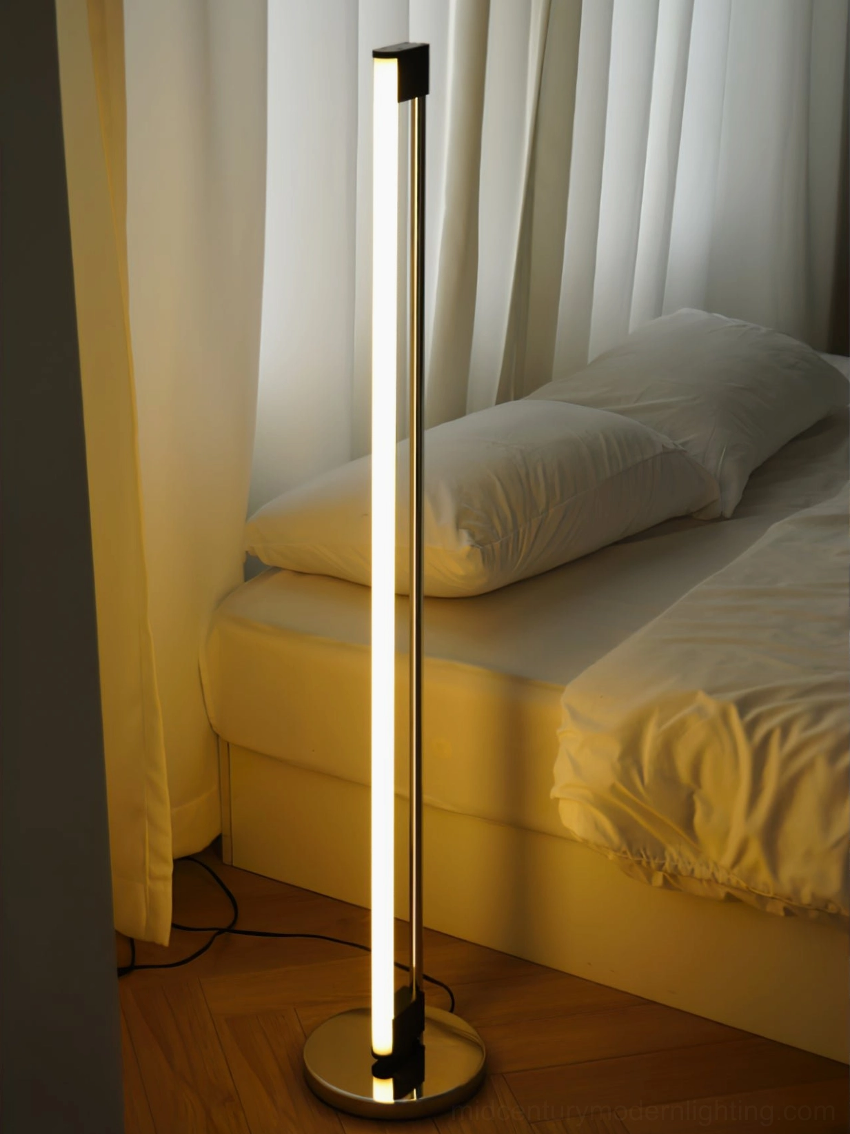 Minimalist tube LED lamp with 150cm extended cord showing full installation setup with regional plug options