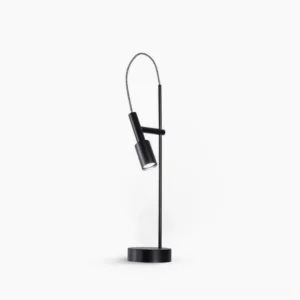 Tubino modern black arc table lamp front view studio shot with minimalist metal design