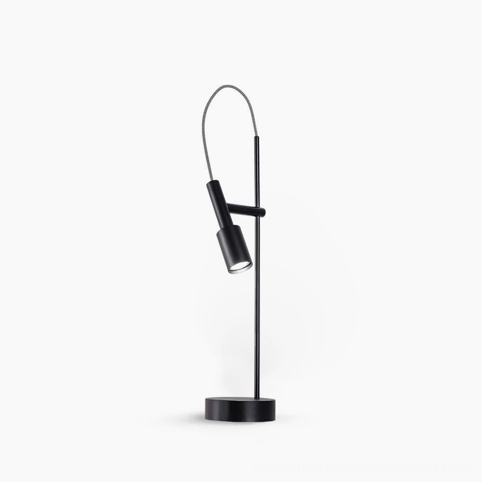 Tubino modern black arc table lamp front view studio shot with minimalist metal design