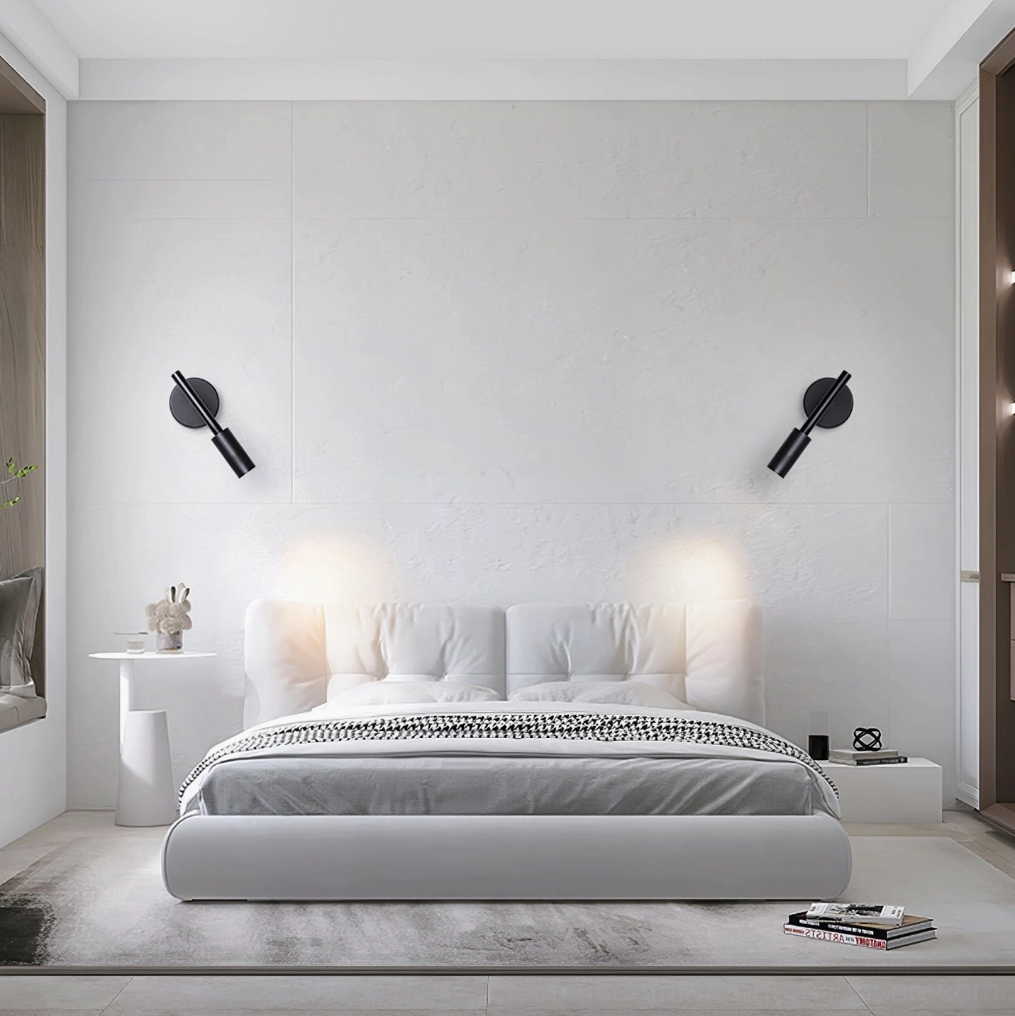 Pair of Tubino black bedside wall sconces in modern master bedroom minimalist interior