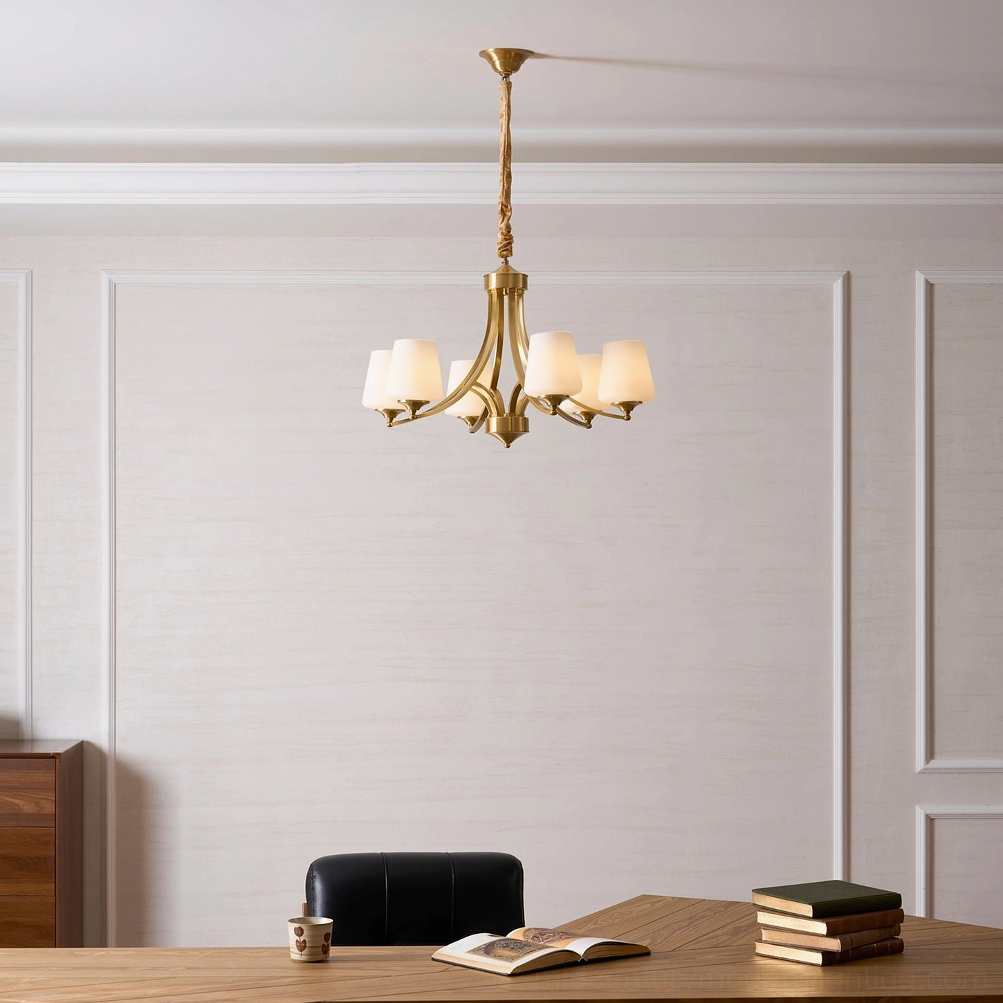 Tuileries brass chandelier showing premium metalwork and hand-finished glass shade craftsmanship