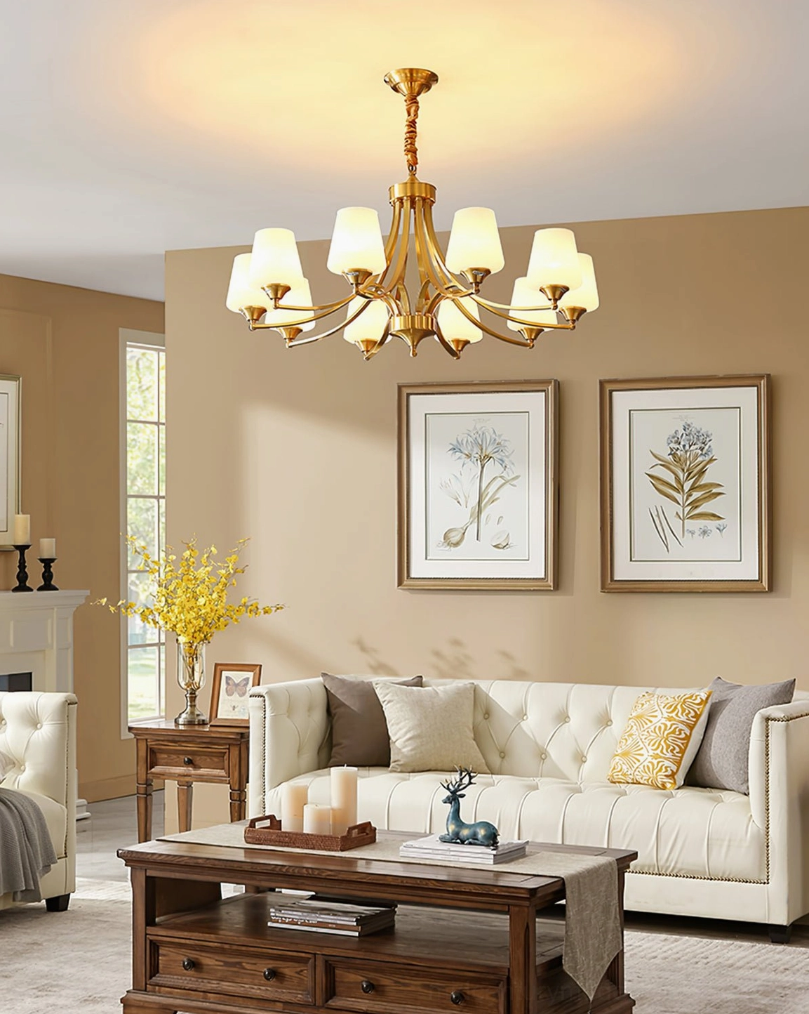 Formal living room with Tuileries brass chandelier, wooden coffee table and botanical artwork
