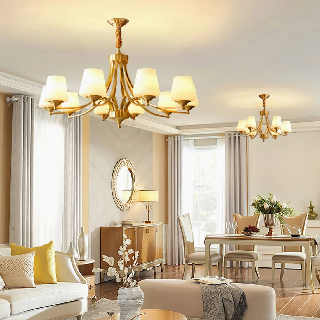 Tuileries brass pendant light fixture in open concept dining living room, warm ambient lighting on wood furniture